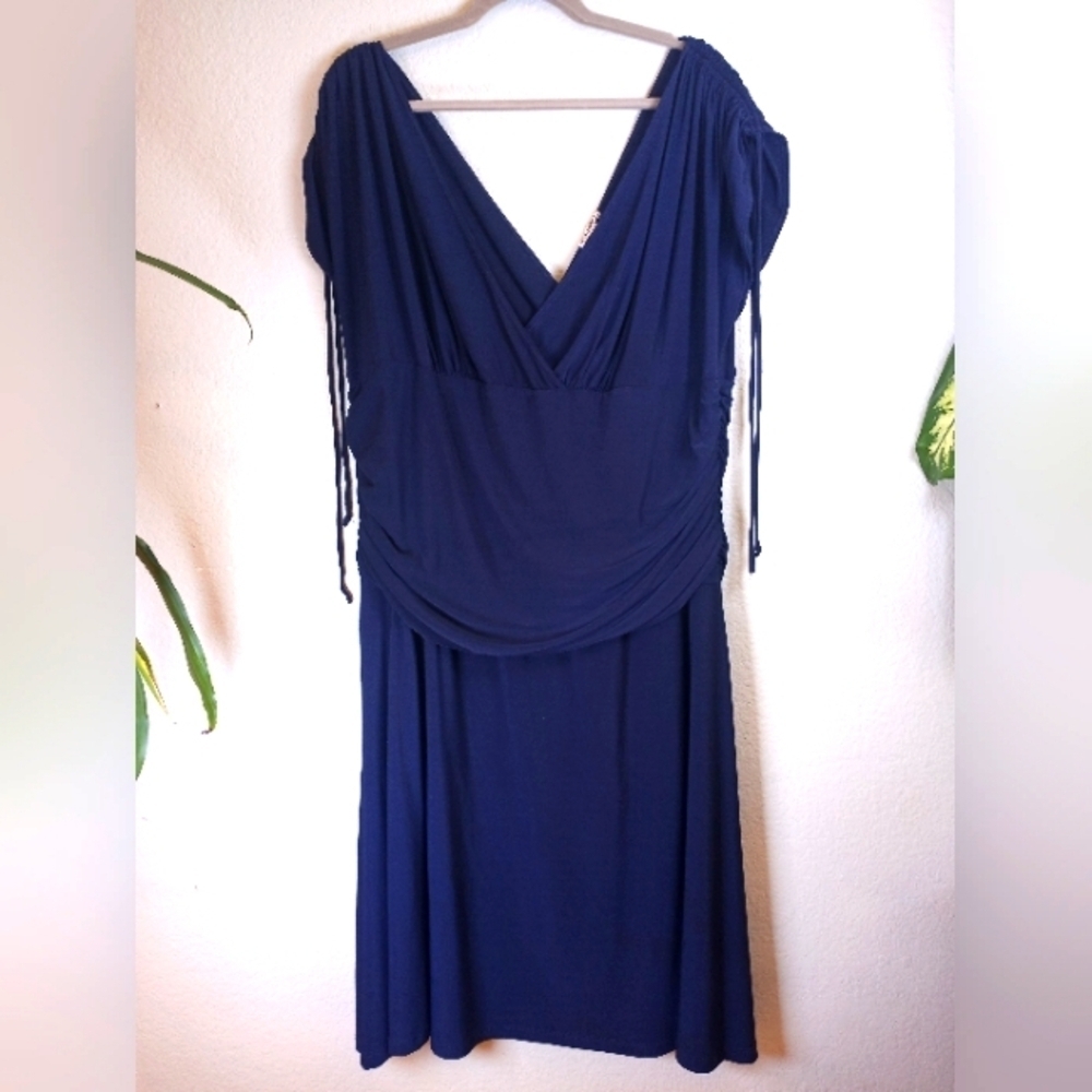 Kiyonna Draped Ruched Adjustable Sleeve Midi Dress Nautical Casual Navy Blue 3X